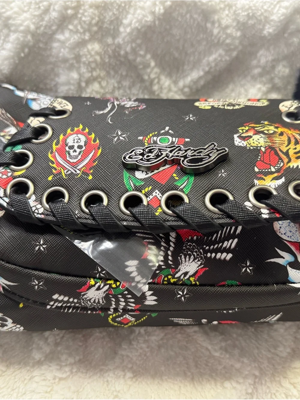 Ed Hardy Black Multicolor Tattoo-Print Crossbody Bag with Grommet Trim